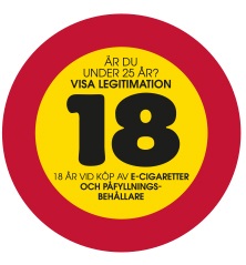 Dekal: 18 år vid köp av e-cigaretter och påfyllningsbehållare (70 mm)