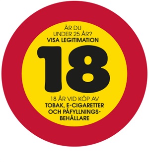Dekal: 18 år vid köp av tobak, e-cigaretter och påfyllningsbehållare (125 mm diam.)