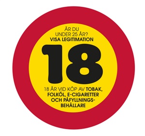 Dekal: 18 år vid köp av tobak, folköl, e-cigaretter och påfyllningsbehållare (125 mm diam.)